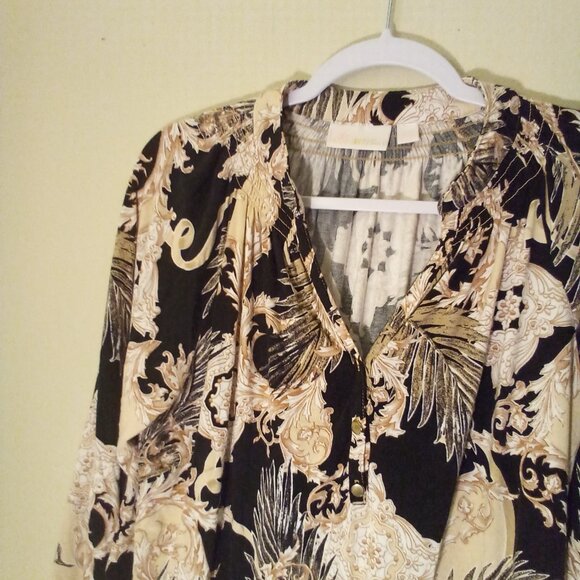 Belle Kim Gravel Blouse Women S Long Sleeve Soft Stretch Pattern Black Tan - Picture 3 of 15